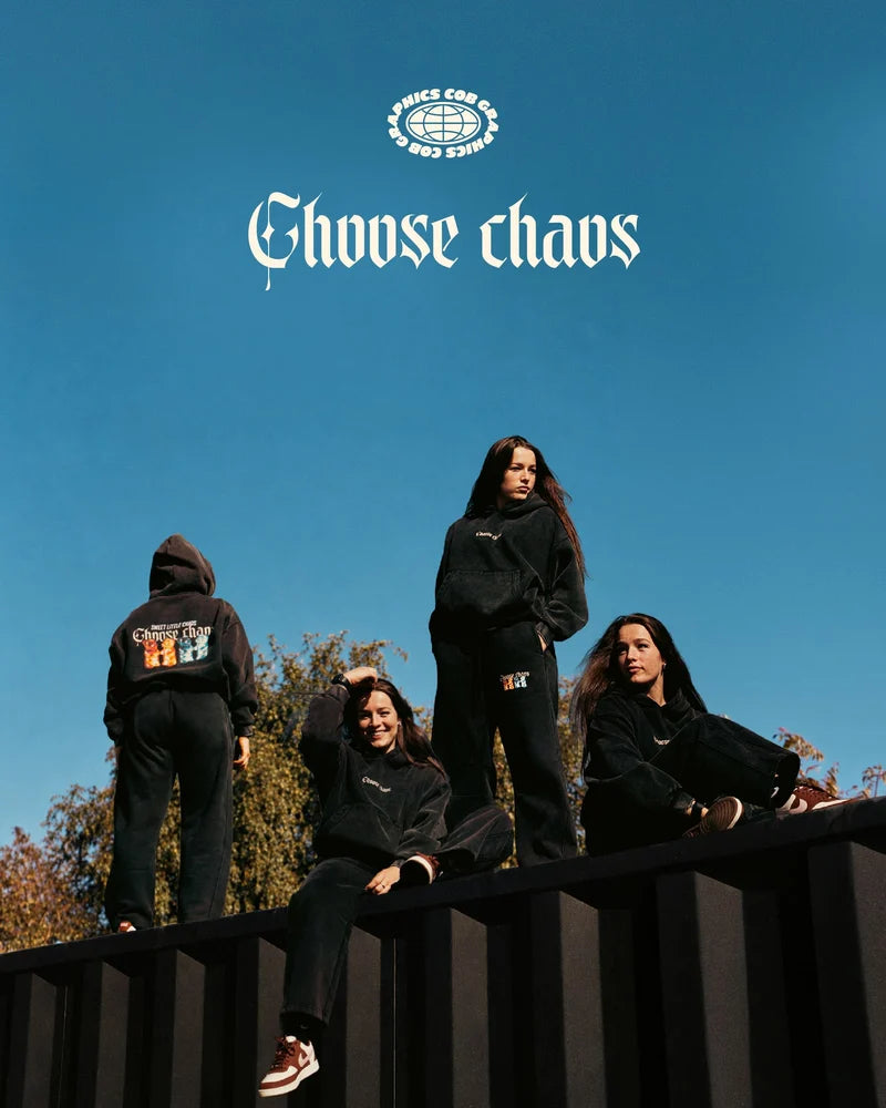 Choose Chaos hoodies and joggers — campaign photograph
